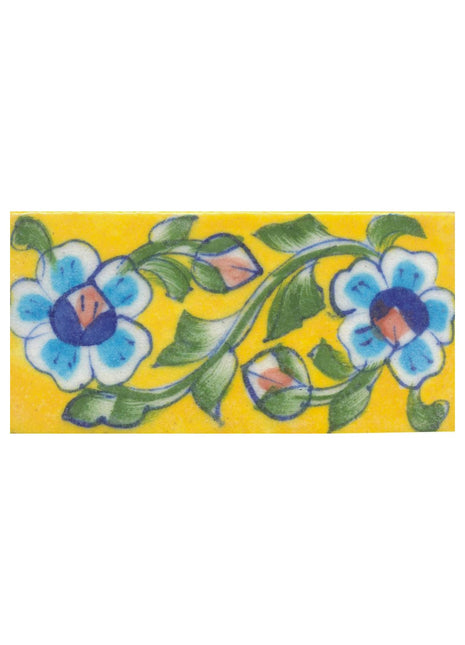 Turquoise,Brown and Blue Flowers and Lime Green leaf with Yellow Base Tile