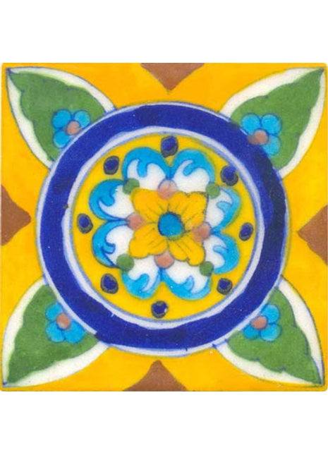 Yellow white and turquoise design on blue round with green leaves on yellow tile 4x4
