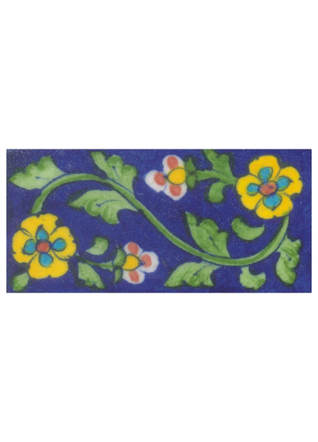 Yellow, Turquoise and Red Flowers and Lime Green Leaf with Blue Base Tile