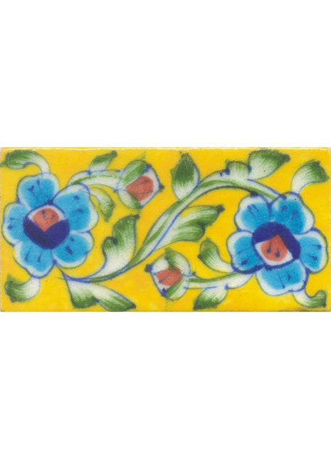 Turquoise,Blue and Red Flowers and Lime Green leaf with Yellow Base Tile