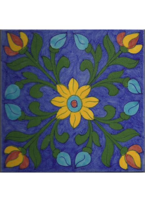 Blue Base with Green Leaves Yellow Flower Tile