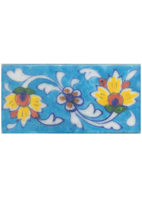 Yellow and Brown Flowers and White leaf with Turquoise Base Tile