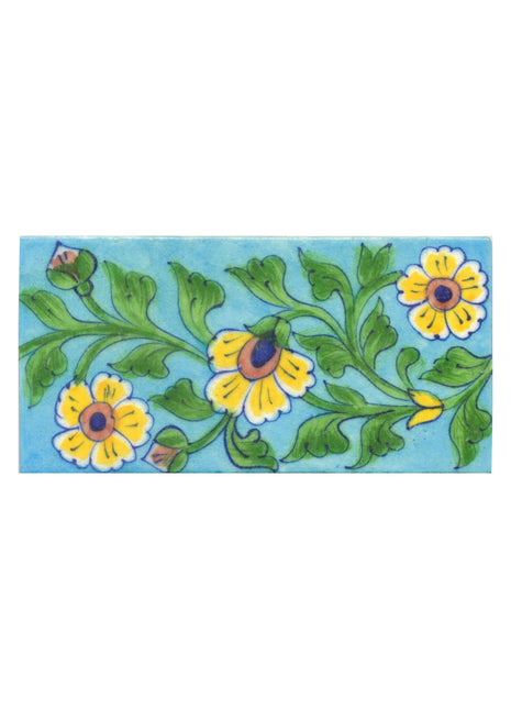 Yellow,Brown and Blue Flowers and Lime Green leaf with Turquoise Base Tile