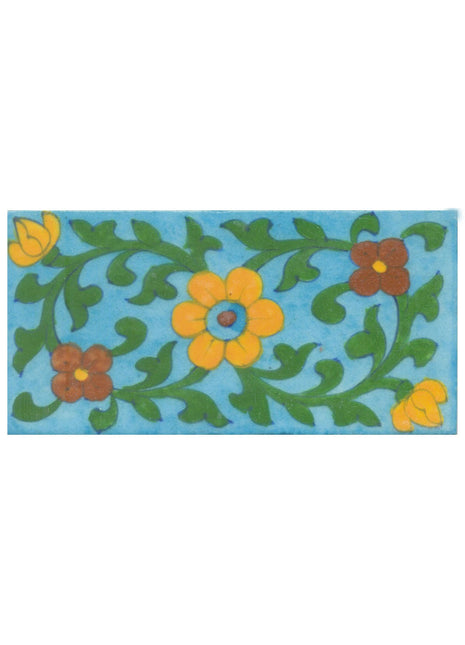 Yellow,Brown and Turquoise Flower and Green leaf with Turquoise Base Tile