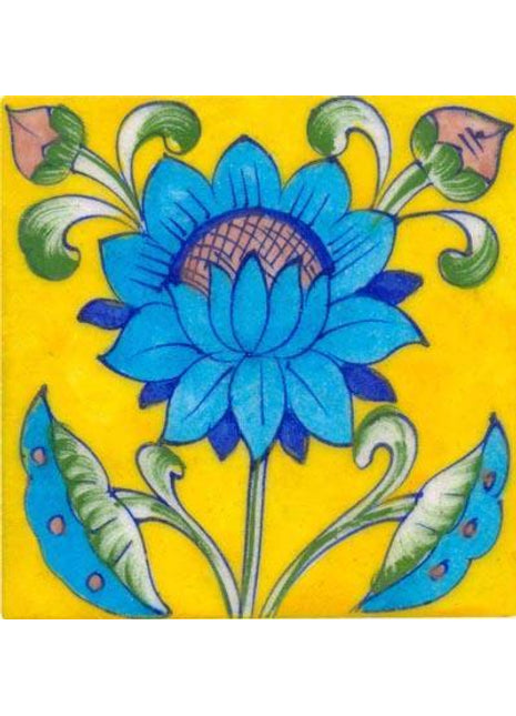 Turquoise and blue flower on yellow tile