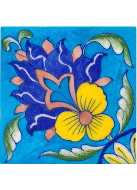 Blue pink turquoise yellow and green design on turquoise tile.