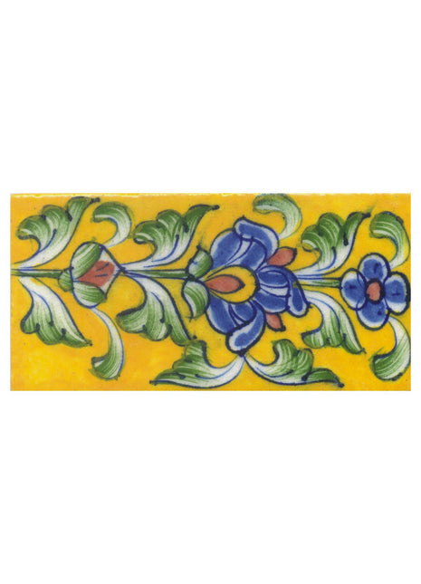 Blue,Yellow and Brown Flower and Lime Green leaf with Yellow Base Tile