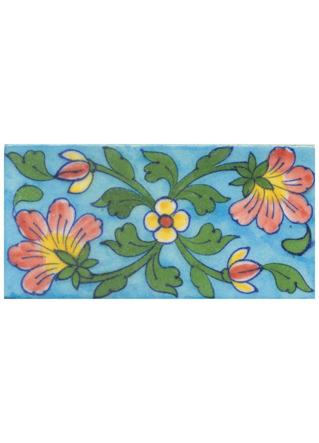 Brown and yellow Flower and Green leaf with Turquoise Base Tile
