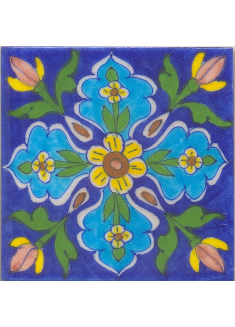 Brown and Yellow flower and Green leaf with Blue base Tile