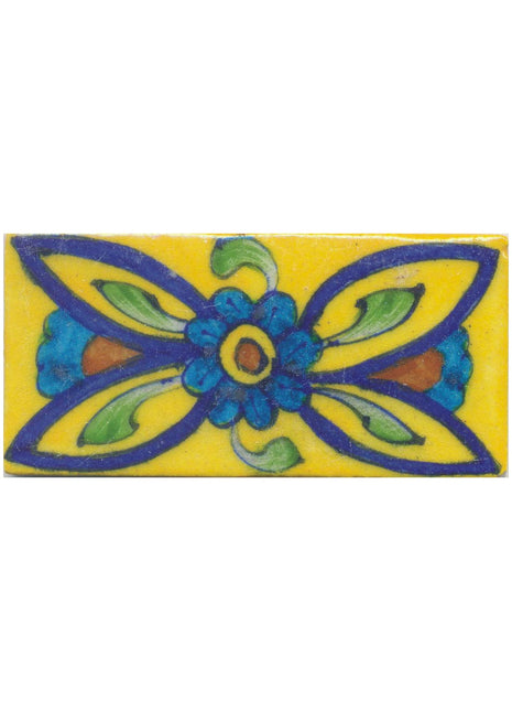 Turquoise and Yellow Flowers and Green leaf with Yellow Base Tile