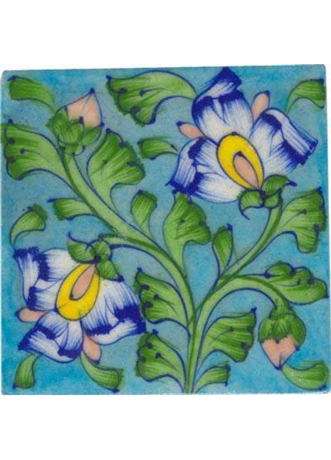 Blue flowers with green leaves on turquoise tile (6x6) .
