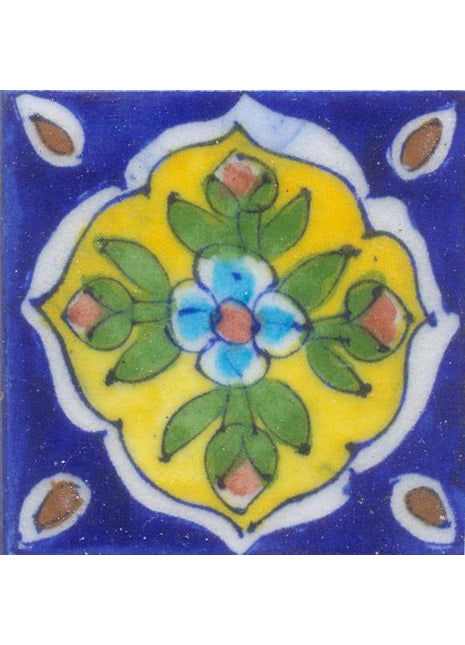 Turquoise and Brown Flower and Green leaf with Yellow and Blue Base Tile