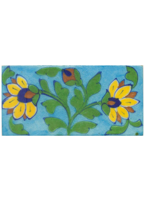 Yellow,Blue and Brown Flowers and Green leaf with Turquoise Base Tile
