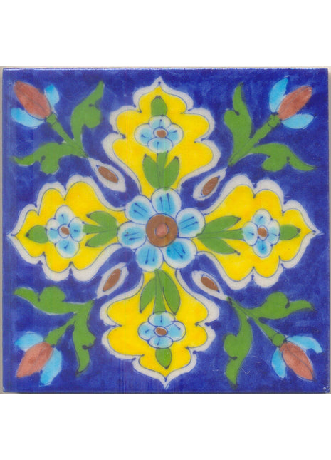 Brown and Turquoise flower and Green leaf with Blue base Tile