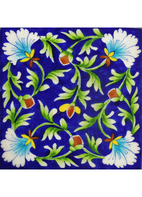 Turquoise,White Flowers With Blue BaseTile