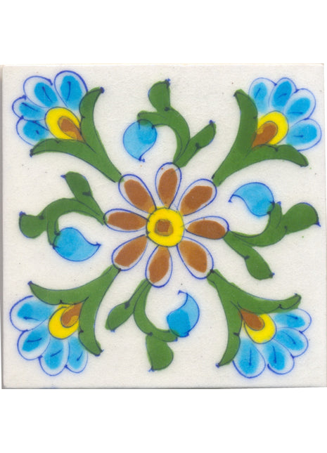 Turquoise,yellow,Brown flower and Green leaf with White base Tile