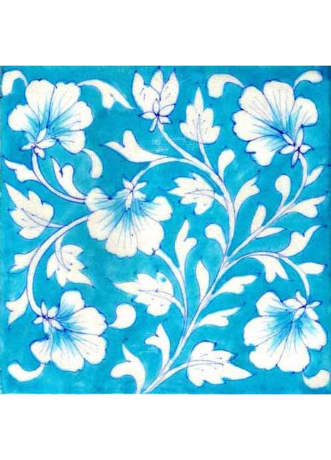 White, Flowers with Turquoise Base Tile