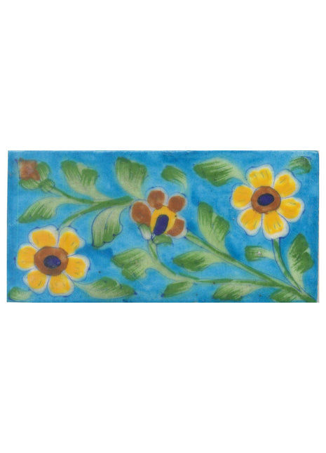Yellow,Blue and Brown Flowers and Lime Green leaf with Turquoise Base Tile