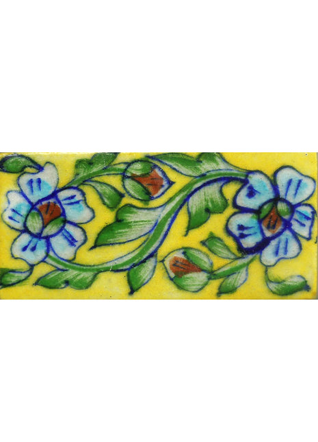 Turquoise Flowers With Green Leaves On Yellow Base Tile