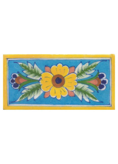 Yellow,Brown and Blue Flower and Lime Green leaf with Turquoise Base Tile