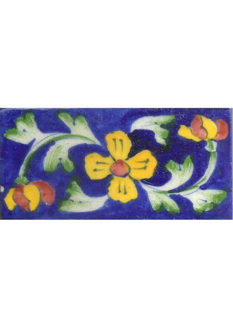 Yellow Flowers With Green Leaves On Blue Base Tile