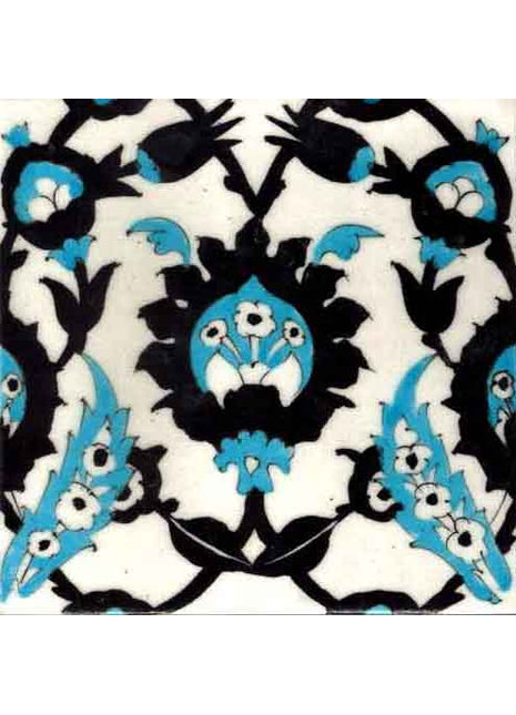 Turquoise and Black Flower With White Base Tile