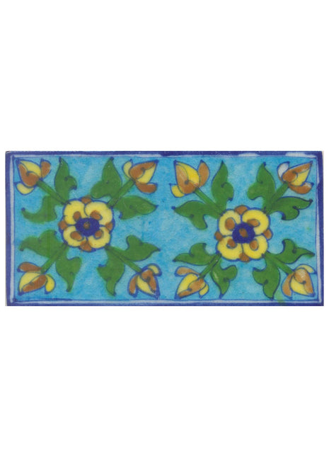 Blue,Yellow and Brown Flowers and Green leaf with Turquoise Base Tile