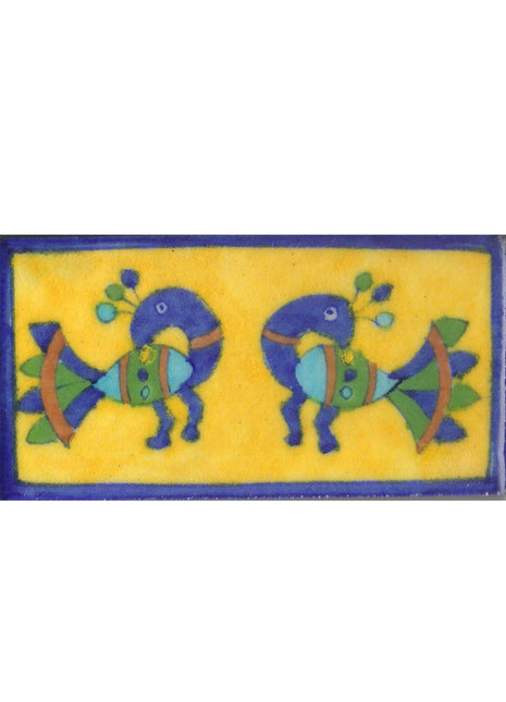 Two Peacock Design On Yellow Base Tile With Blue Border