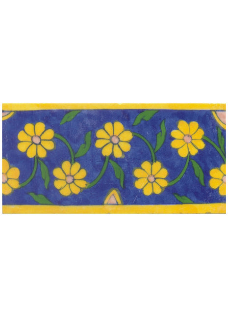 Yellow and Pink Flowers and Green leaf with Blue Base Tile