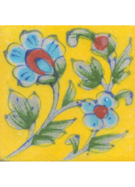Turquoise and Red Flowers and Lime Green leaf with Yellow base Tile