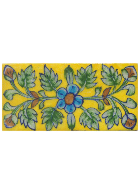 Turquoise and Brown Flower and Lime Green leaf with Yellow Base Tile