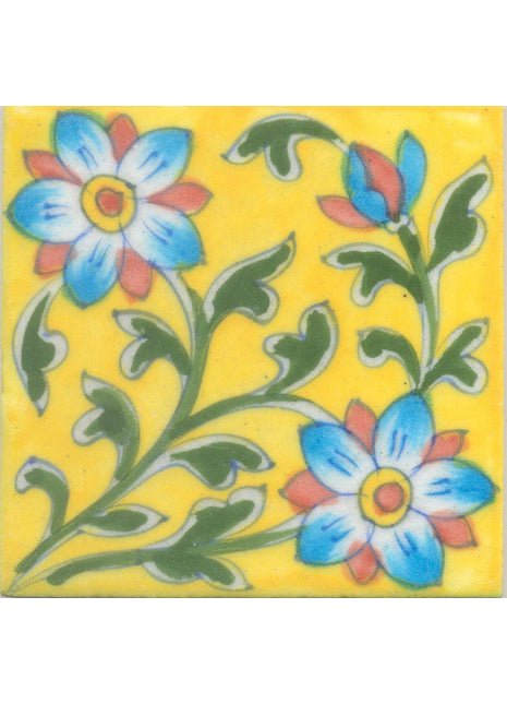 Turquoise, Brown Flower and Green leaf with Yellow Tile