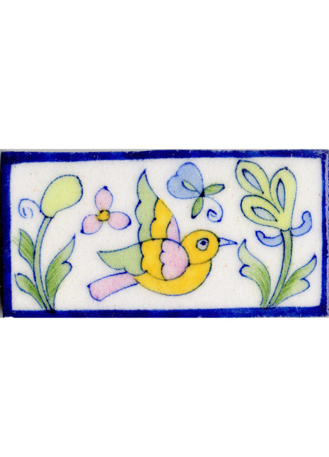 Bird and Leaves Design On White Base Tile With Blue Border