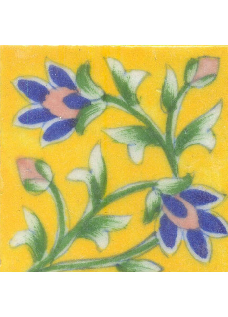Blue and Brown Flowers and Lime Green leafs with Yellow Base Tile