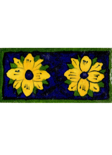 Two Yellow Flower Design On Blue Base Tile With Green Border