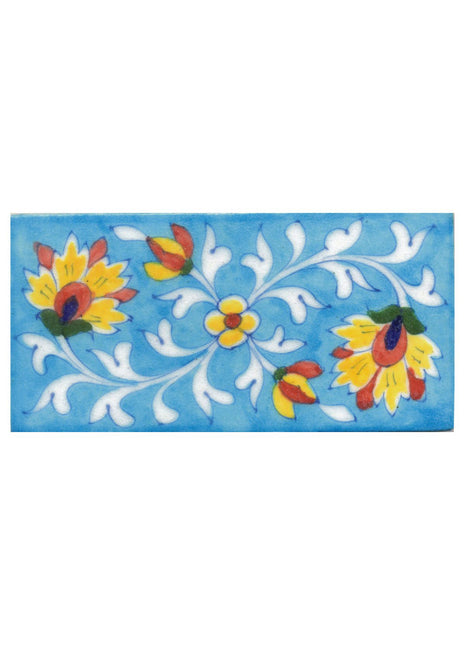 Yellow,Blue and Brown Flowers and White leaf with Turquoise Base Tile
