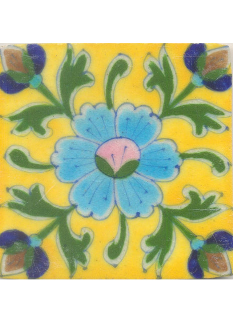 Turquoise Flower and Green leaf with Yellow Base Tile