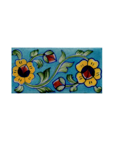 Yellow Flower With Green Leaves On Turquoise Base Tile