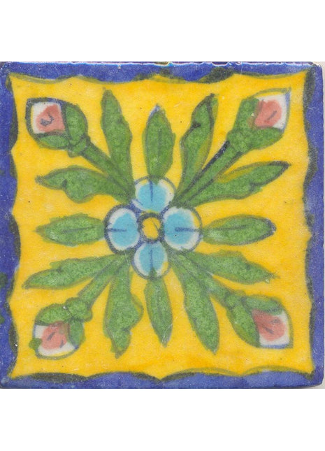 Turquoise and Yellow Flower and Green leaf with Yellow Base Tile