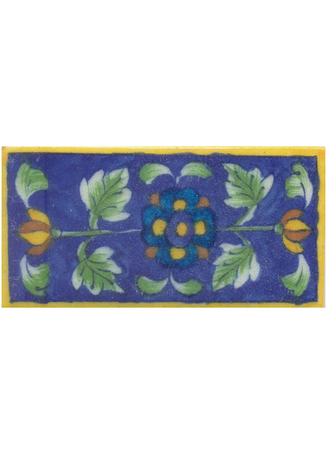 Turquoise,Yellow and Blue Flower and Green Shading leaf with Blue Base Tile