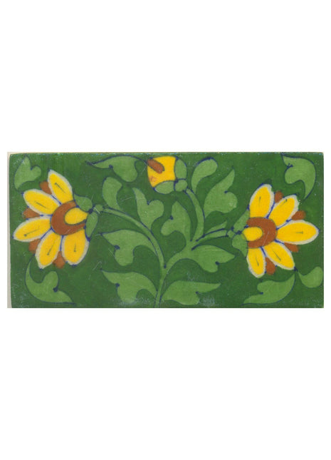 Yellow and Brown Flowers and Lime Green leaf with Green Base Tile