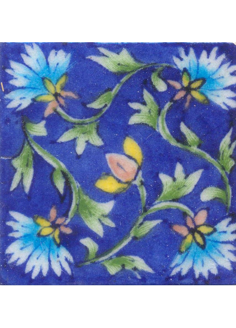 Turquoise and White Flowers and Lime Green leaf with Blue Base Tile