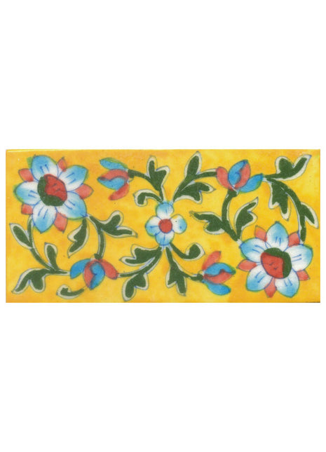 Turquoise, Green and Red Flowers and Green leaf with Yellow Base Tile