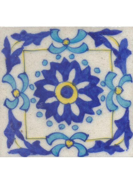 Blue, Turquoise and Yellow Flower with White Base Tile
