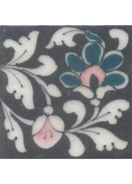 Dark Green and Pink Flower and White leaf with Black Base Tile