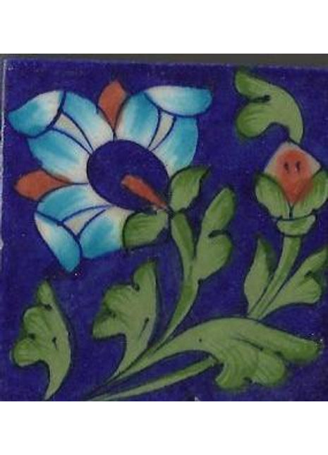 Turquoise,Yellow and Red Flowers and Lime Green leaf with Yellow Base Tile