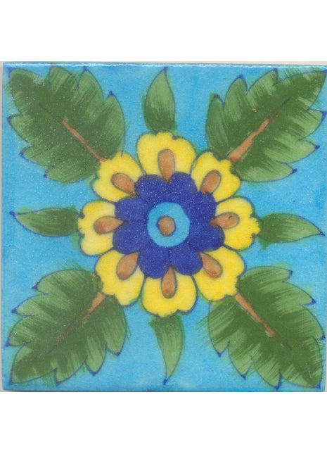 Yellow,Blue,Turquoise Flower and Green leaf with Turquoise Base Tile