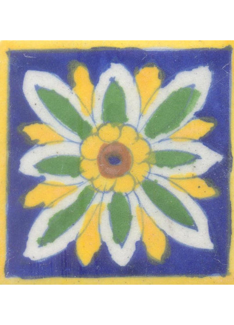 Yellow,Green and Brown Flower with Blue Base Tile
