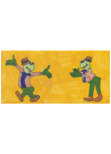 Two Pink,Green and Brown Cartoon with Yellow Base Tile