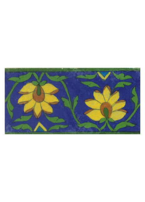 Two yellow flower and green leaves with blue tile